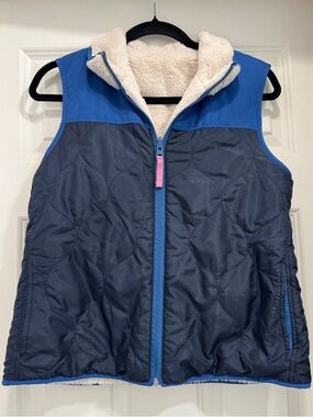 Abercrombie & Fitch Quilted Faux Fur Reversible Vest SzS Blue/white Cozy Preppy